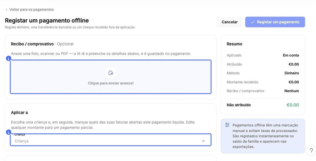 (1) Envio do recibo, (2) escolha da criança