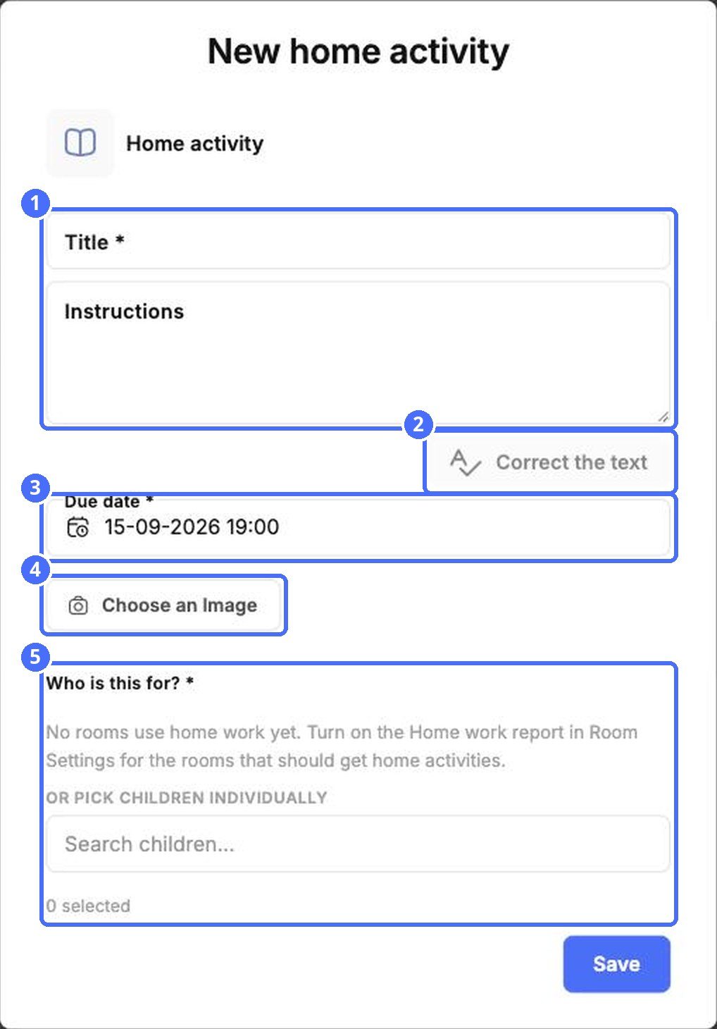 (1) Title and instructions, (2) Correct the text, (3) due date, (4) image, (5) who it's for