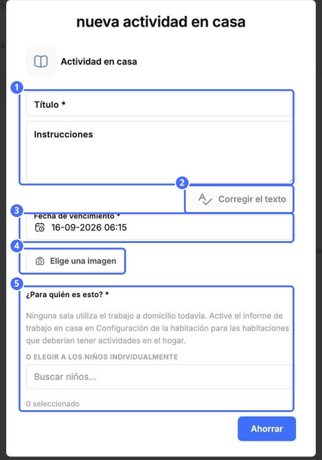 (1) Título e instrucciones, (2) Corregir el texto, (3) fecha límite, (4) imagen, (5) a quién va dirigida