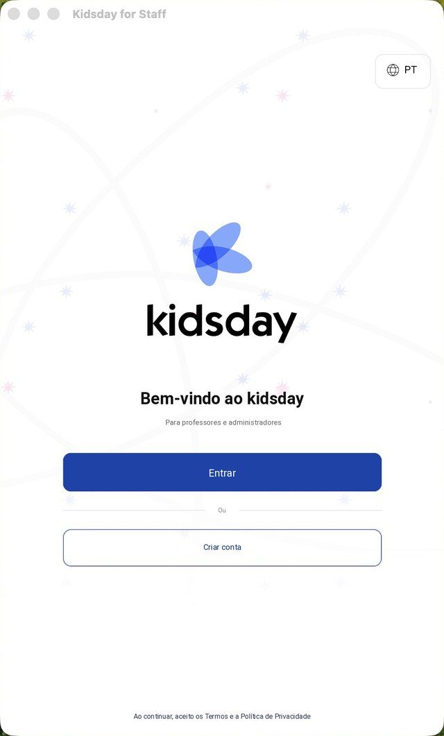 A tela de boas-vindas: Entrar, para uma conta existente, ou Criar conta