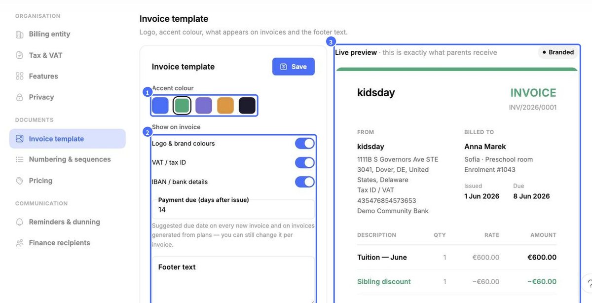 (1) Accent colour, (2) invoice options, (3) live preview