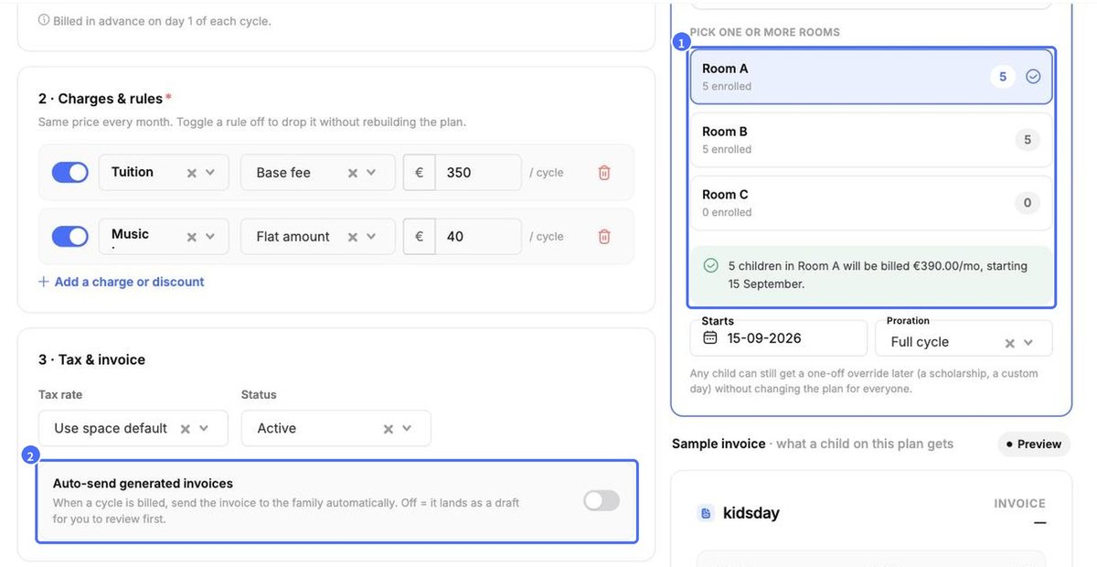 (1) Assigning Room A, (2) Auto-send switched off