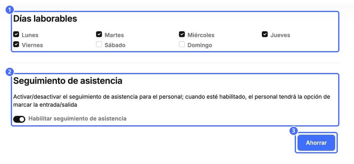 (1) Días laborables, (2) control de asistencia del personal, (3) Guardar