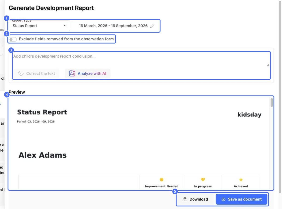 (1) Report type and period, (2) exclude removed fields, (3) conclusion and AI help, (4) preview, (5) Download or Save as document