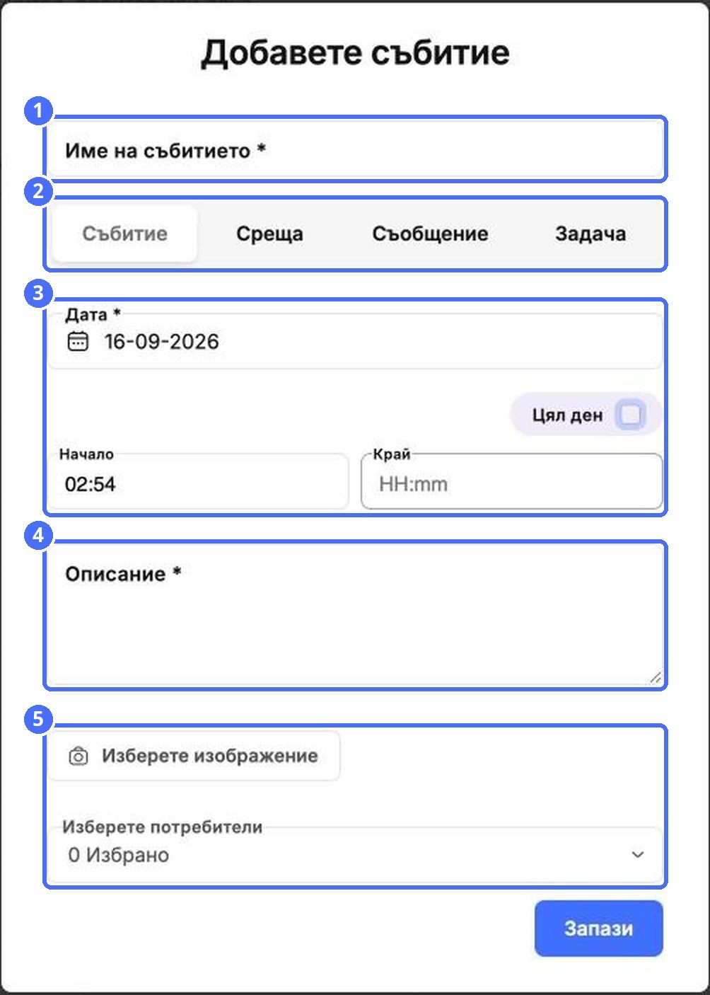 (1) Име, (2) вид, (3) дата и час, (4) описание, (5) изображение и хора