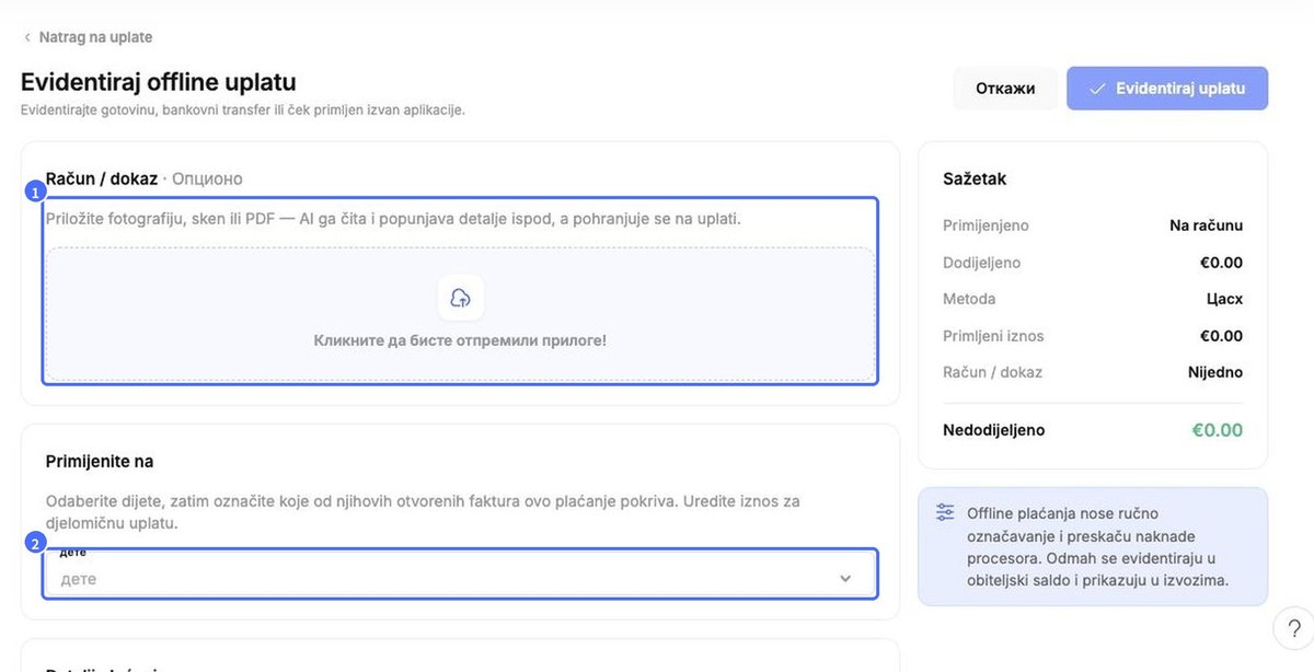(1) Učitavanje potvrde, (2) odabir djeteta