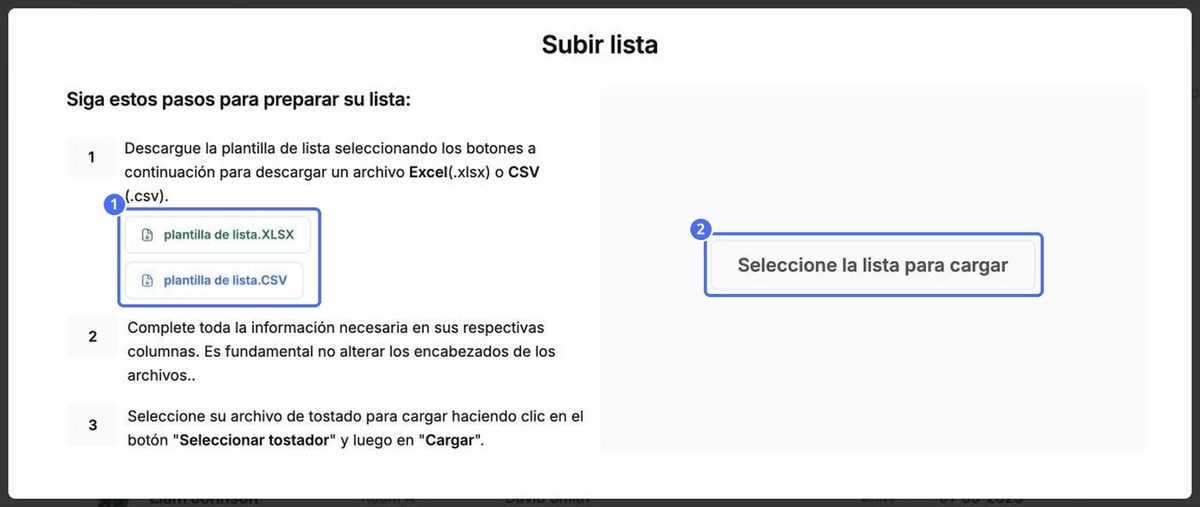 (1) Descargue una plantilla, (2) suba el archivo completado