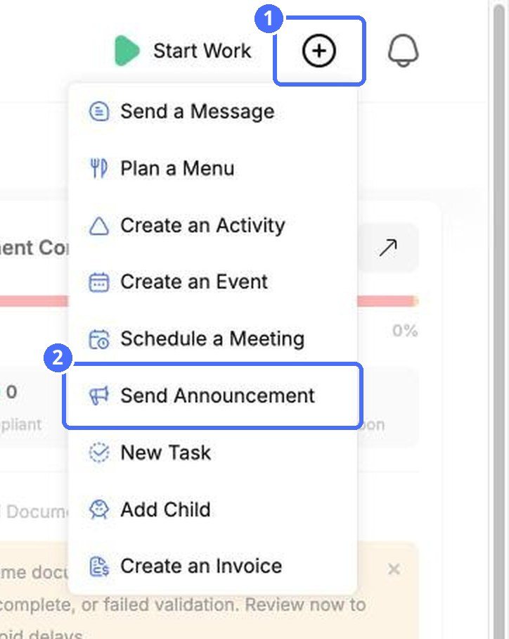 (1) The + menu, (2) Send Announcement