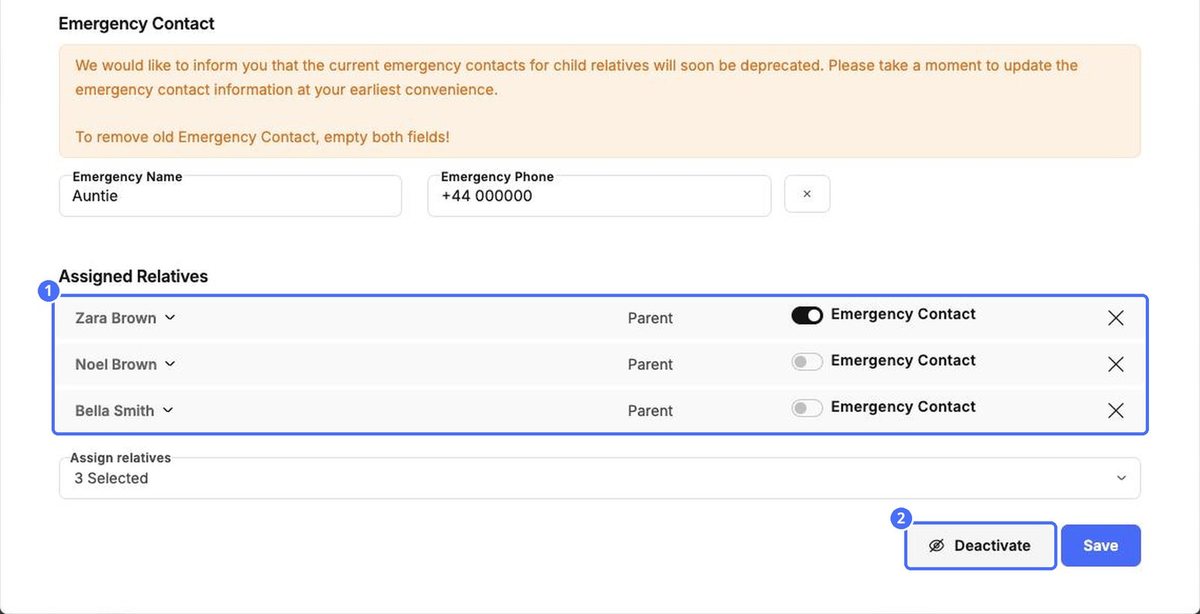 (1) Assigned relatives with the Emergency Contact switch, (2) Deactivate
