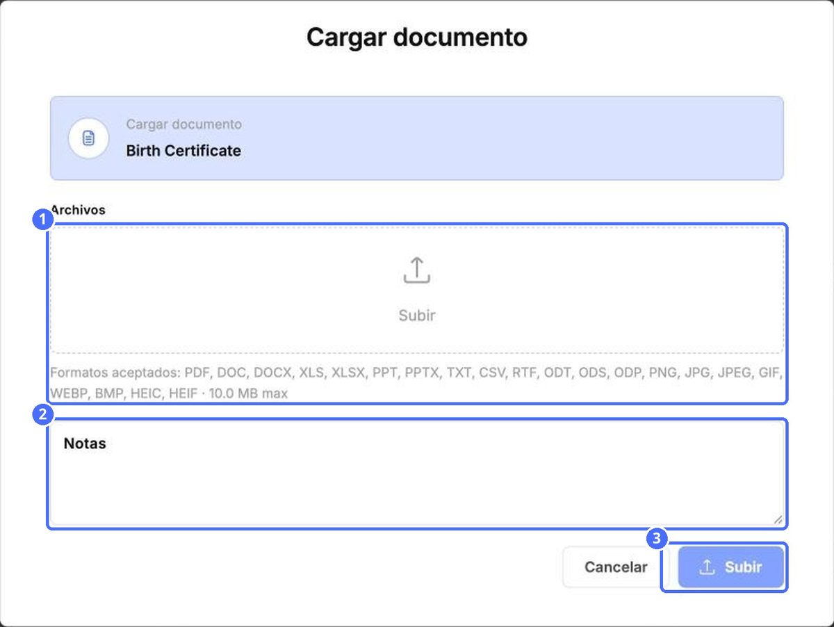 (1) Elija el archivo, (2) notas, (3) súbalo