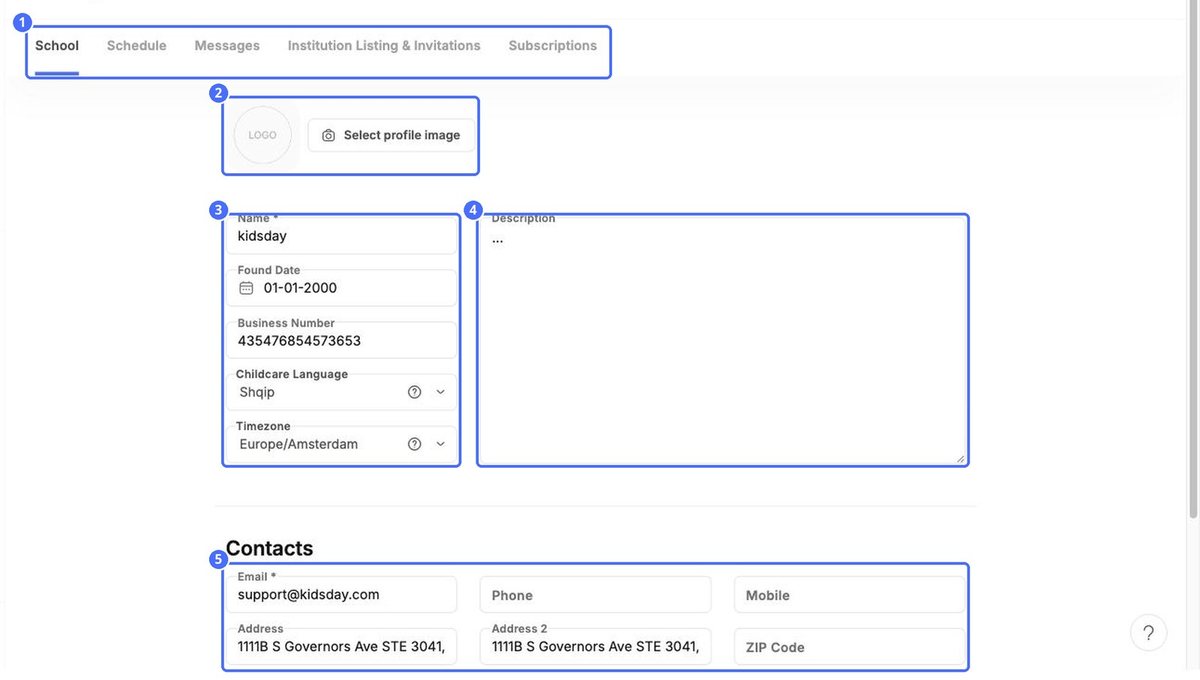(1) The settings tabs, (2) logo, (3) center details, (4) description, (5) contact details