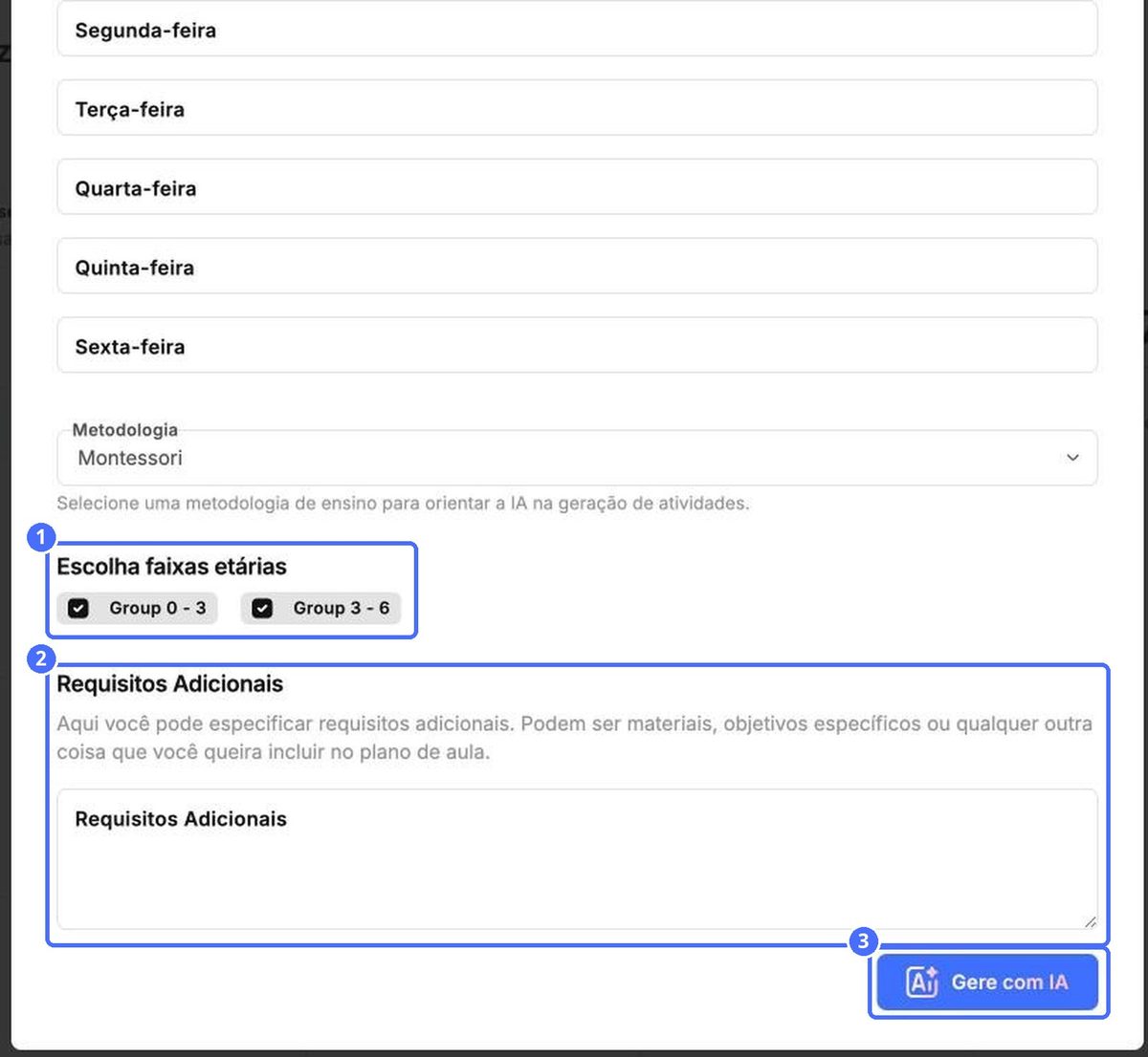 (1) Faixas etárias, (2) requisitos adicionais, (3) Gerar com IA