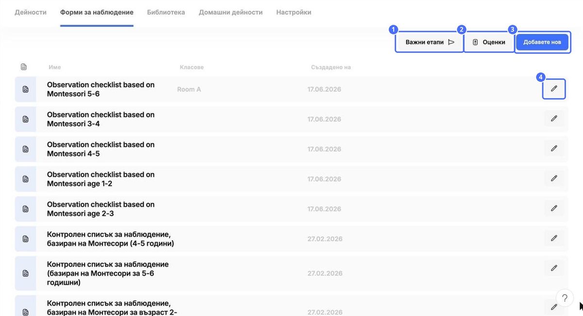 (1) Етапи, (2) Оценки, (3) Добави нов, (4) редактиране на формуляр