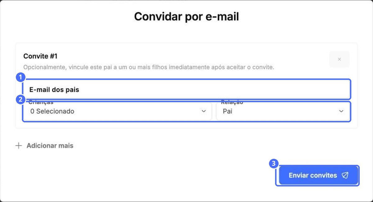 (1) E-mail, (2) crianças e parentesco, (3) Enviar convites