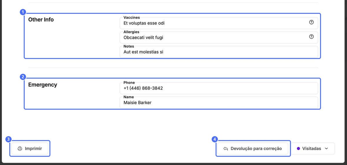 (1) Outras informações, (2) o contato de emergência, (3) Imprimir, (4) Devolver para correção
