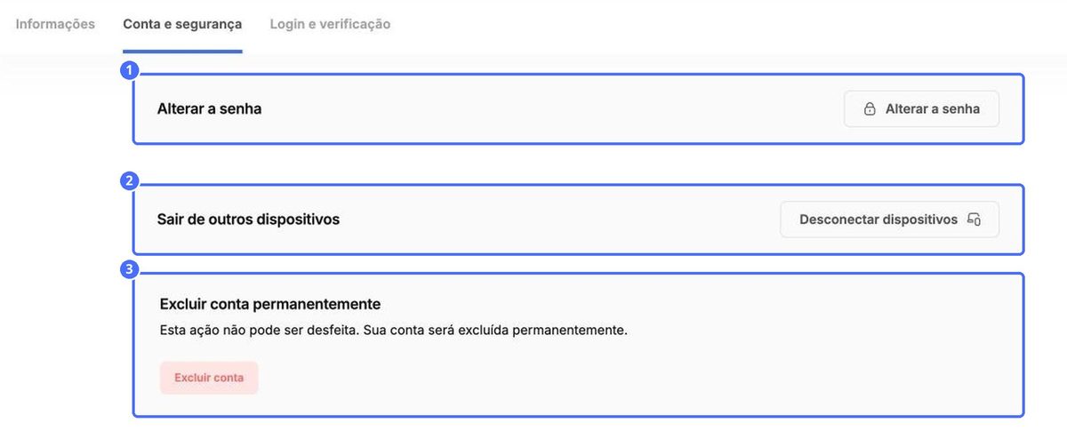 (1) Alterar senha, (2) Sair de outros dispositivos, (3) Excluir conta permanentemente