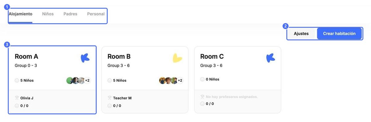 La pestaña Salas: (1) las pestañas de Escuela, (2) Ajustes y Crear sala, (3) la tarjeta de una sala