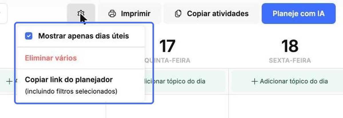 As configurações do planejador