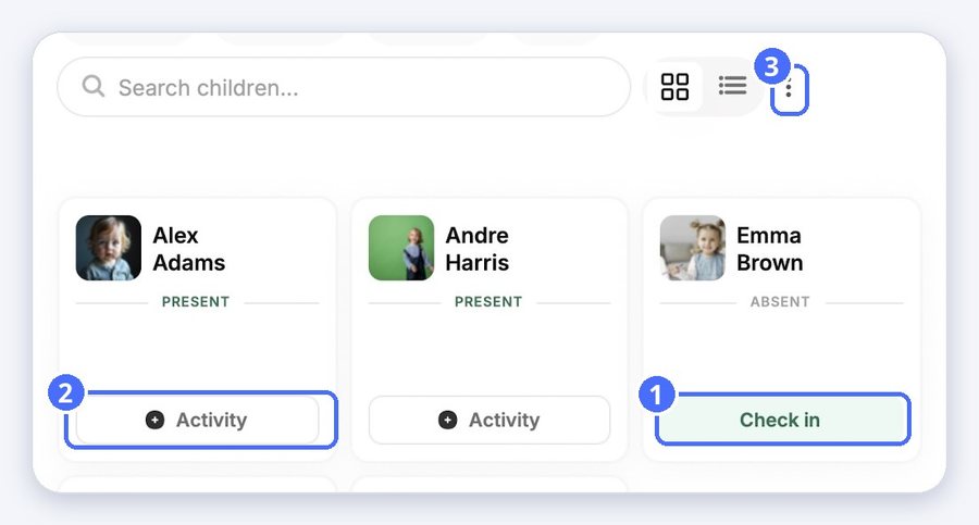 (1) Check in, (2) Activity opens the daily report of a present child, (3) the menu with Check all in and Check all out