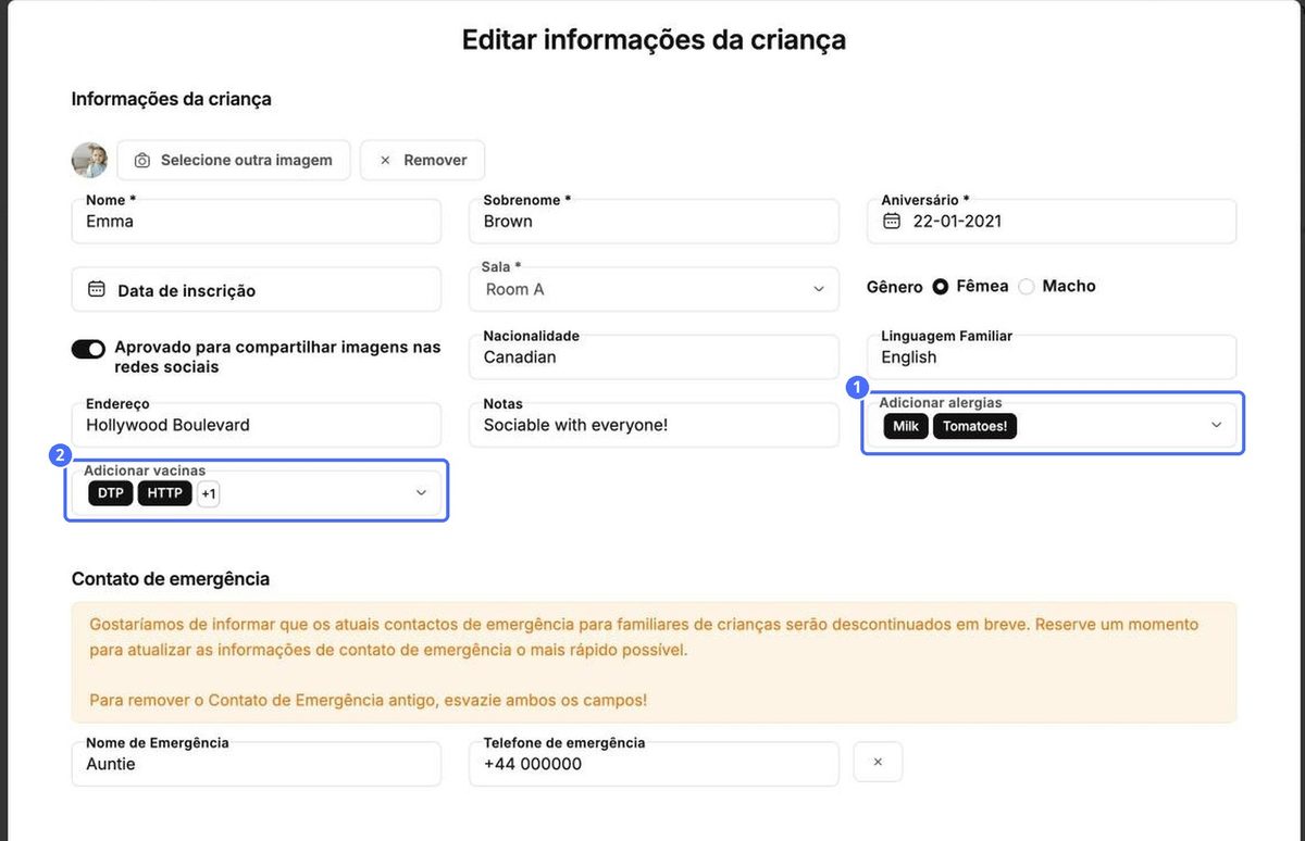 (1) Alergias e (2) vacinas aparecem como etiquetas