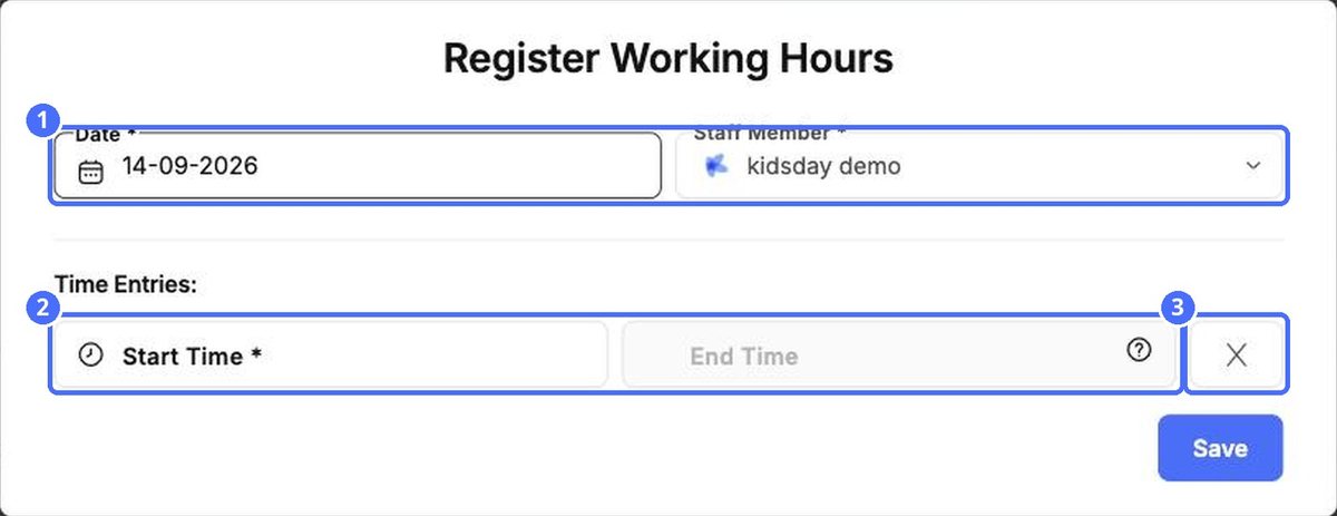(1) Date and staff member, (2) start and end time, (3) remove the entry