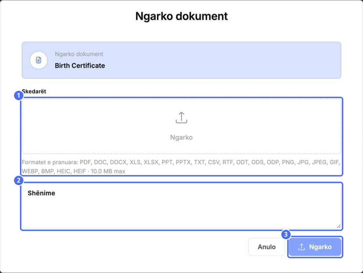 (1) Zgjidhni skedarin, (2) shënimet, (3) ngarkojeni
