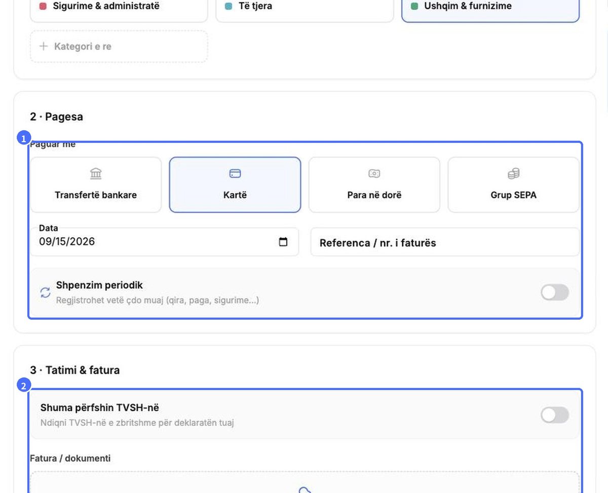 (1) Pagesa dhe shpenzimi periodik, (2) TVSH-ja dhe fatura