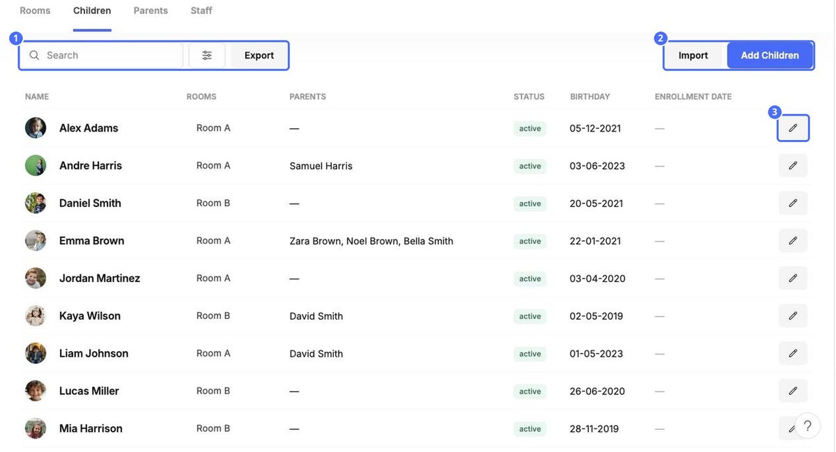 (1) Search, filters and Export, (2) Import and Add Children, (3) edit a child