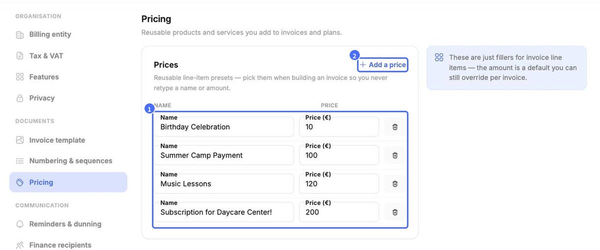 (1) Price list, (2) Add a price