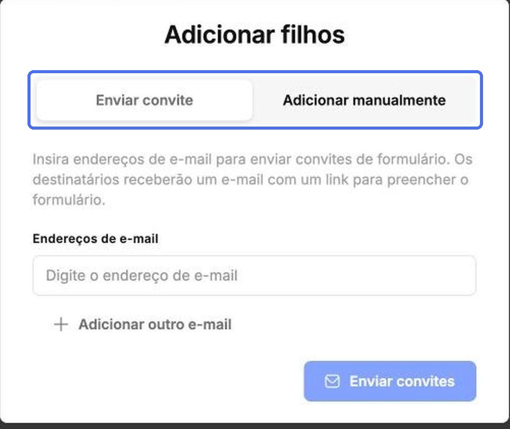 Enviar convite e Adicionar manualmente são as duas abas de Adicionar crianças