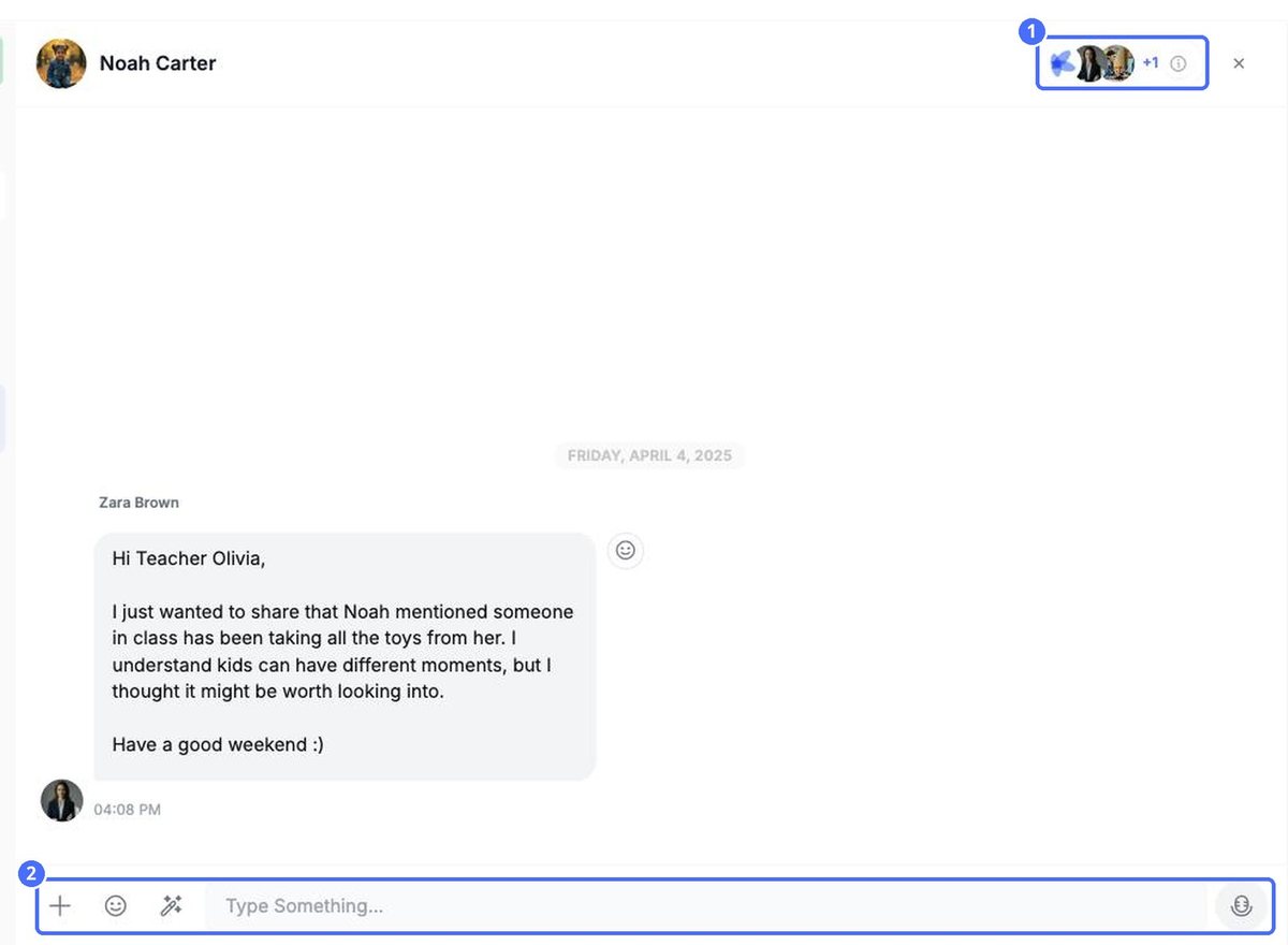 An open conversation: (1) members and group info, (2) the message bar