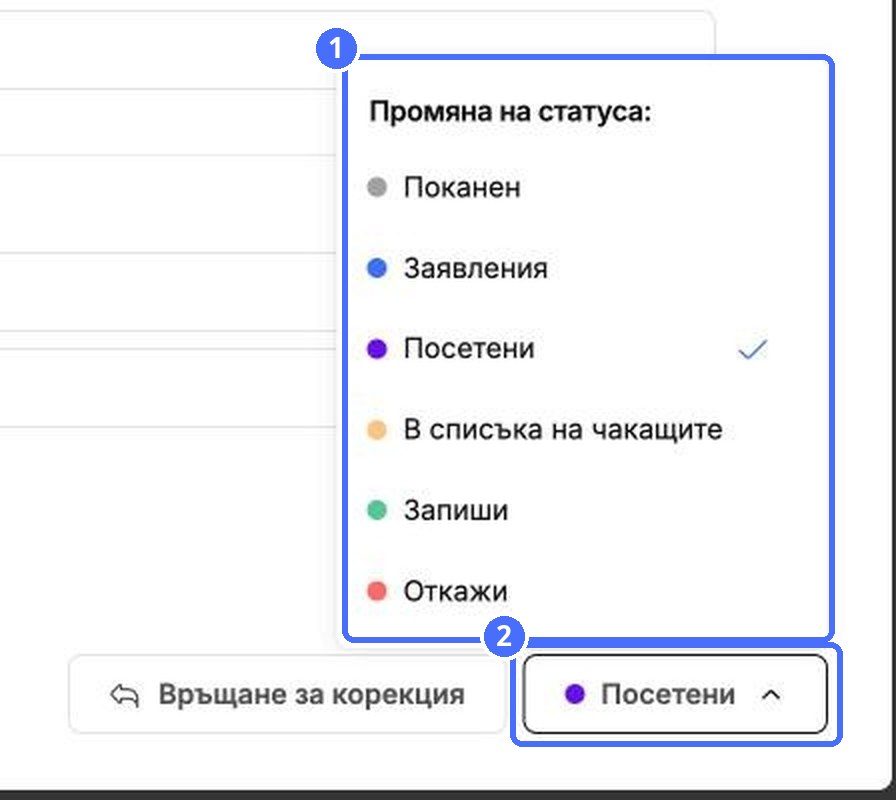 (1) Промяна на статуса, (2) текущият статус