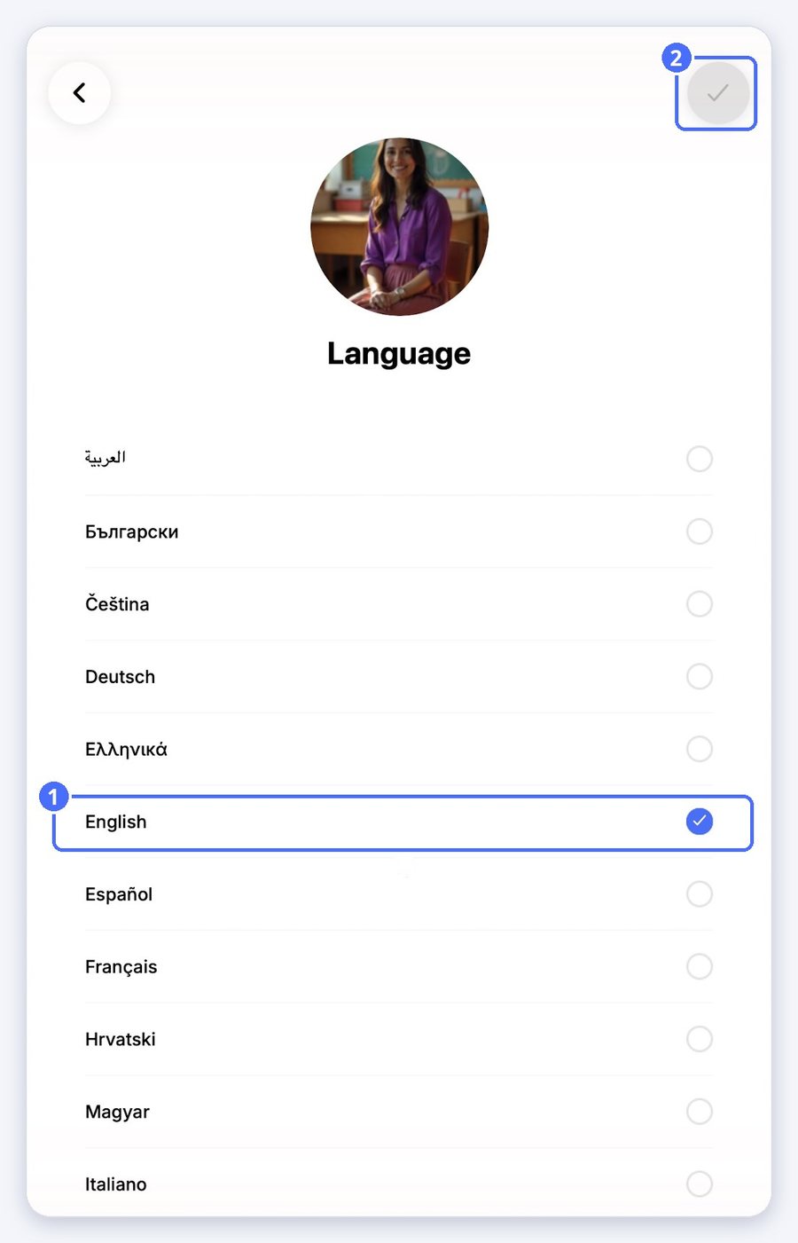 (1) The selected language, (2) save