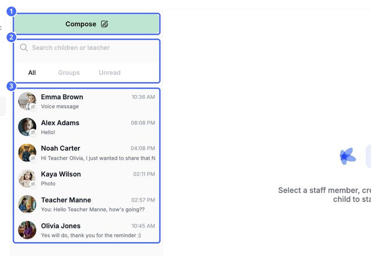 (1) Compose, (2) search and the All, Groups and Unread filters, (3) your conversations