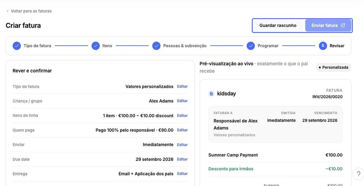 Guardar rascunho / Enviar fatura
