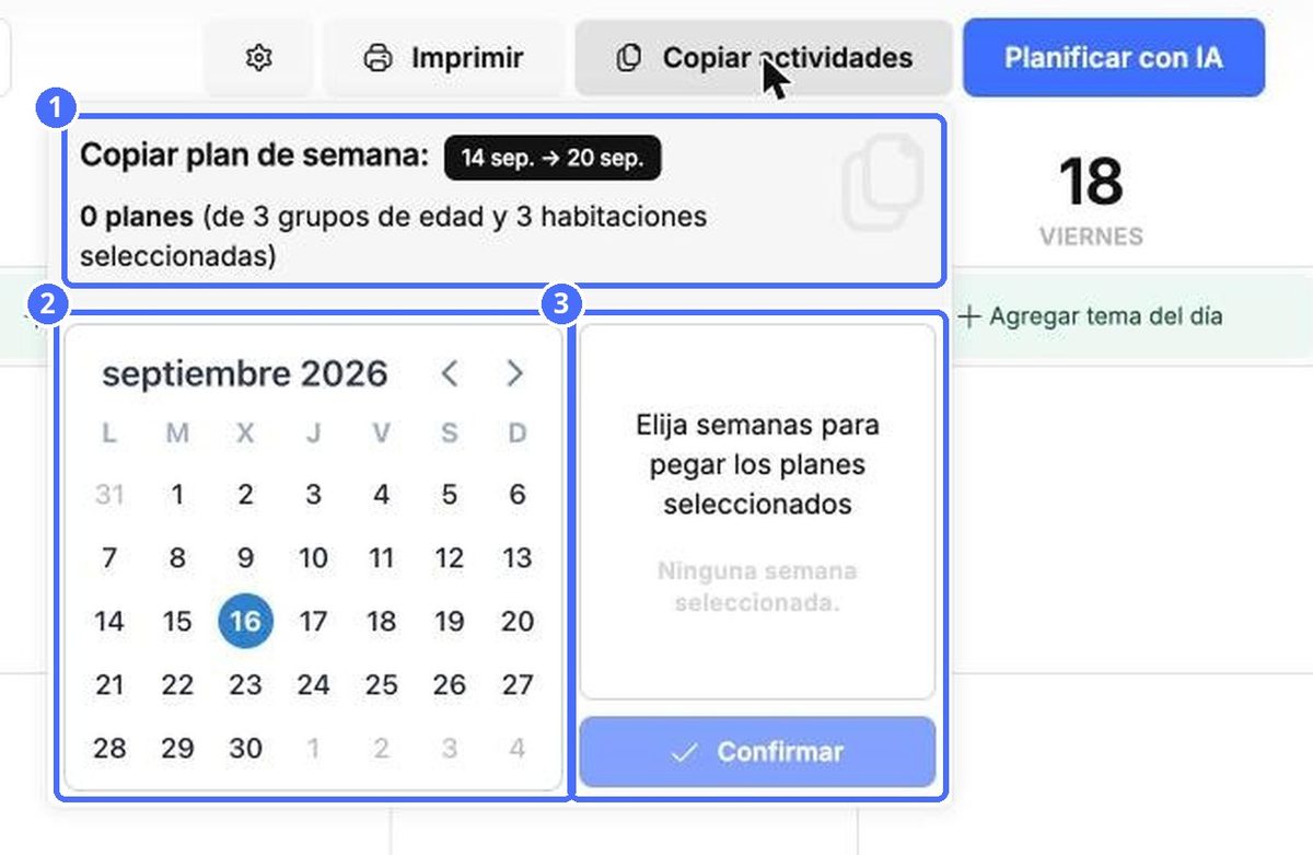 (1) Lo que está copiando, (2) elija las semanas, (3) las semanas elegidas y Confirmar