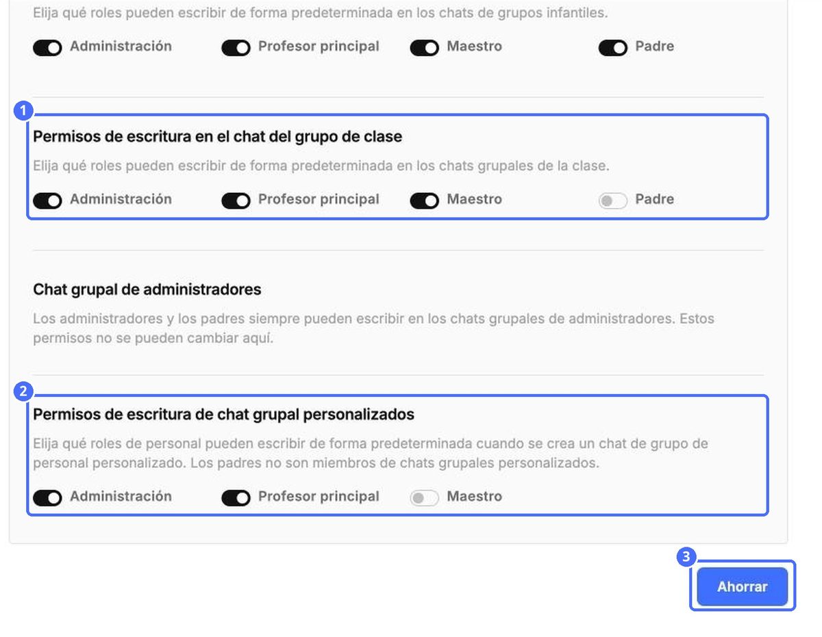 (1) Chats de grupo de clase, (2) chats de grupos personalizados, (3) Guardar