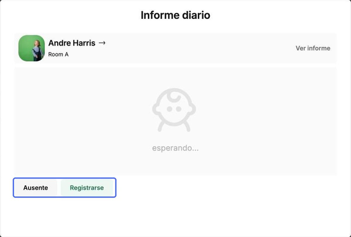 Un niño que aún no ha llegado muestra Esperando… Registre primero la entrada del niño