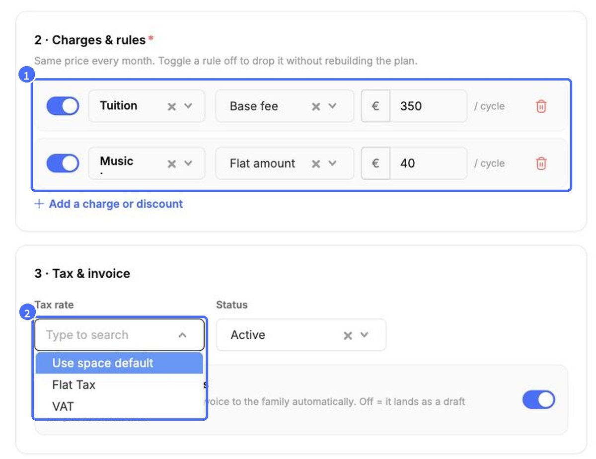 (1) Charges & rules, (2) tax rate