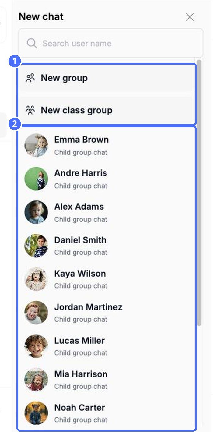 (1) New group and New class group, (2) children and staff you can message