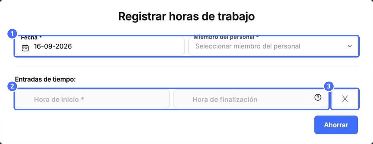 (1) Fecha y miembro del personal, (2) hora de inicio y de fin, (3) eliminar el registro