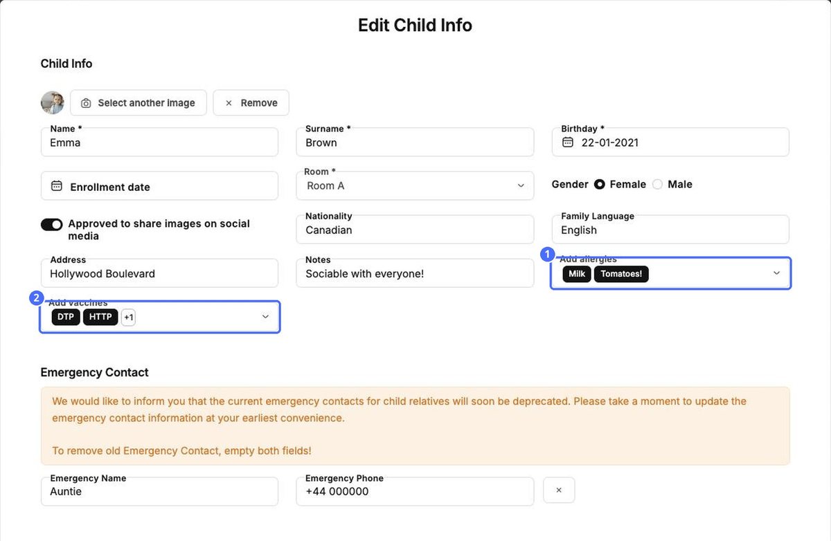 (1) Allergies and (2) vaccines are shown as tags