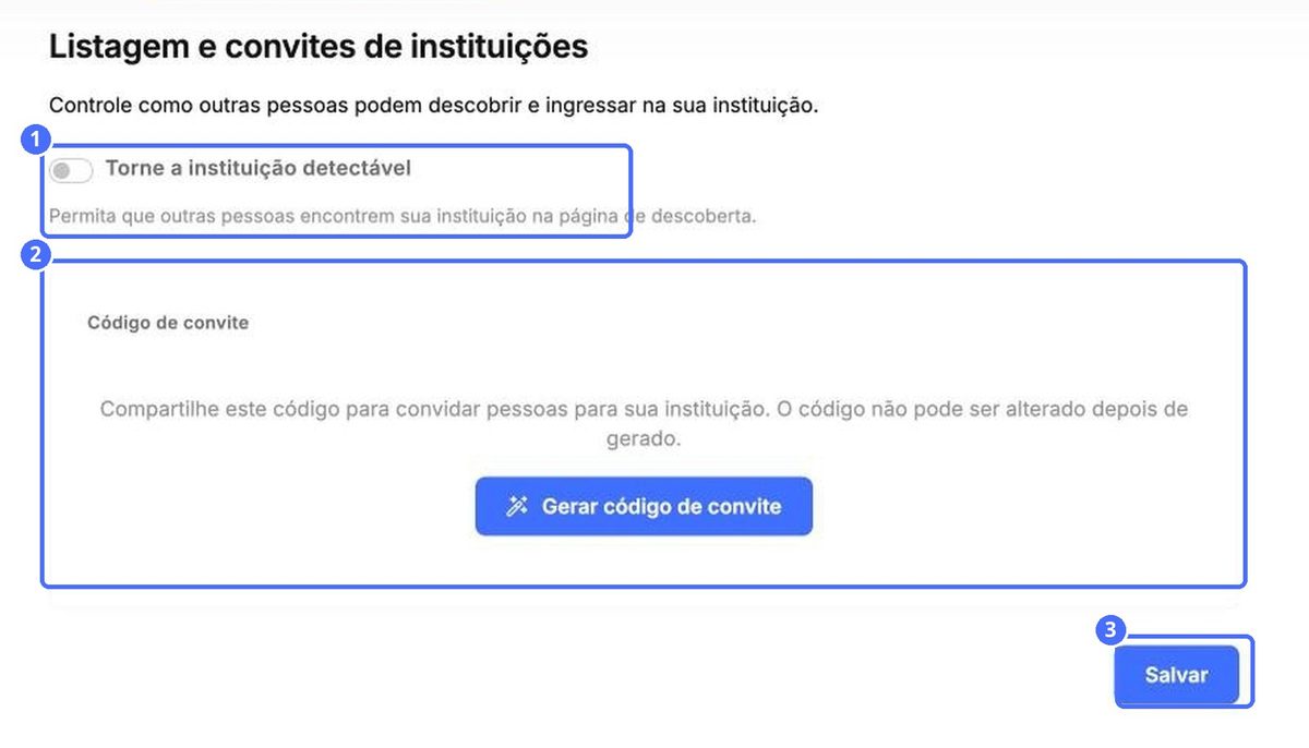 (1) Tornar a instituição pesquisável, (2) o código de convite, (3) Salvar