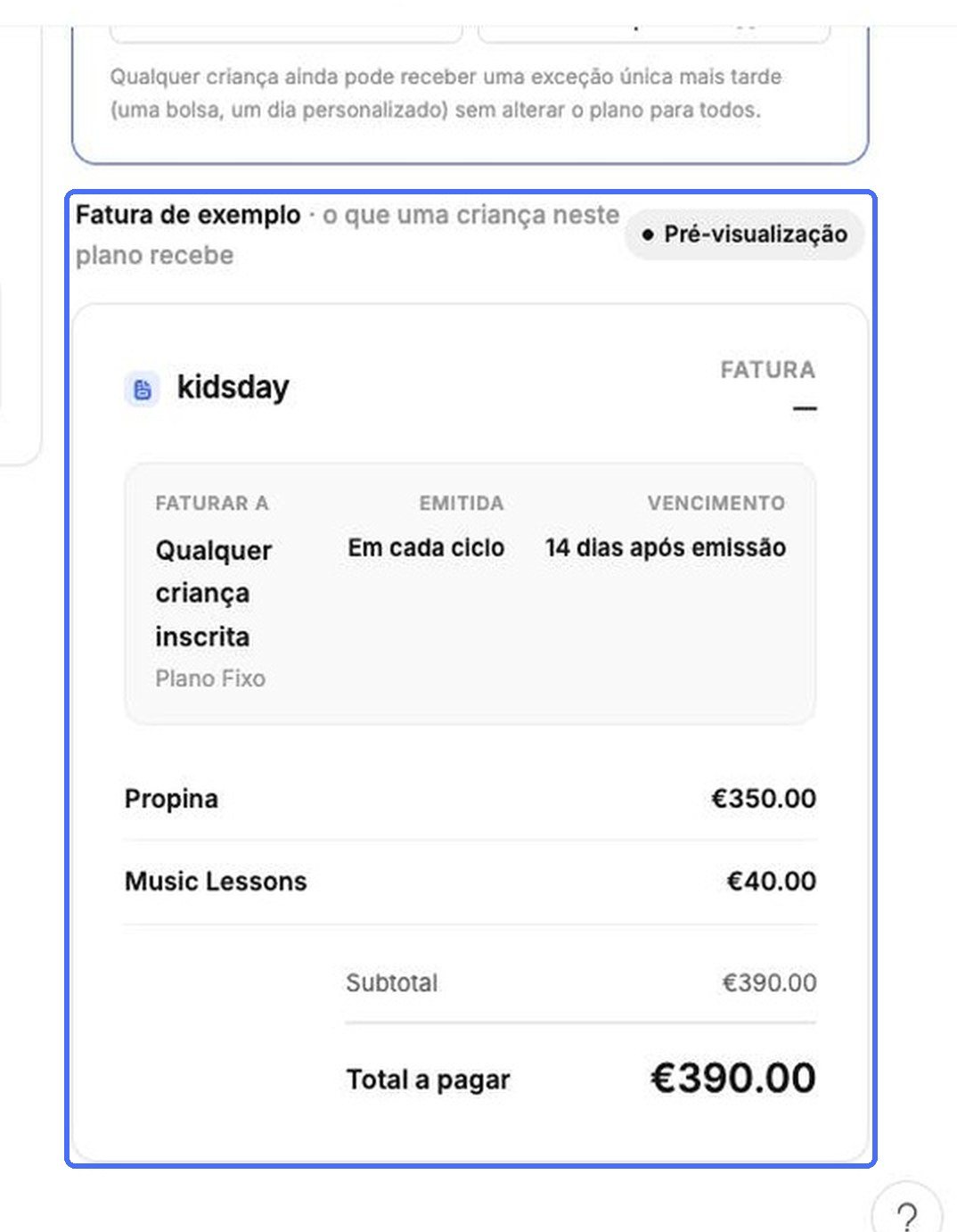Pré-visualização da fatura de exemplo