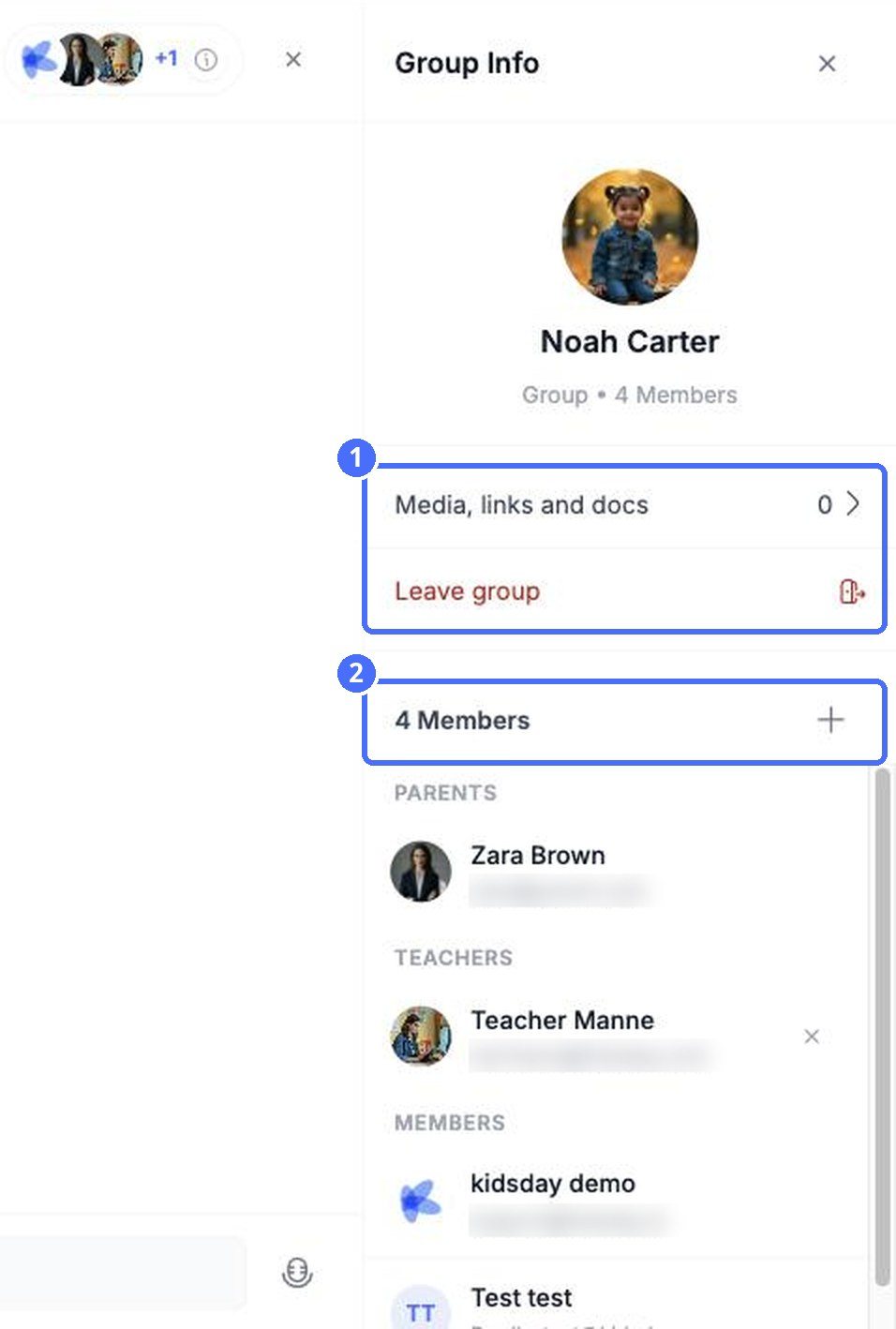(1) Media, links and docs and Leave group, (2) members and the + button