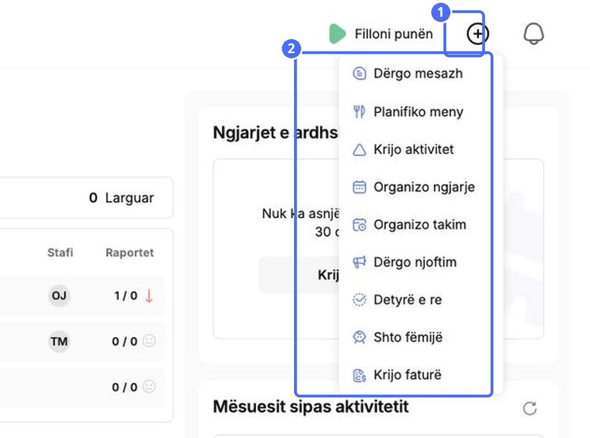 (1) Butoni +, (2) veprimet e shpejta