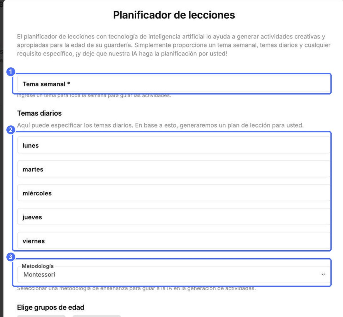 (1) Tema semanal, (2) temas diarios, (3) metodología