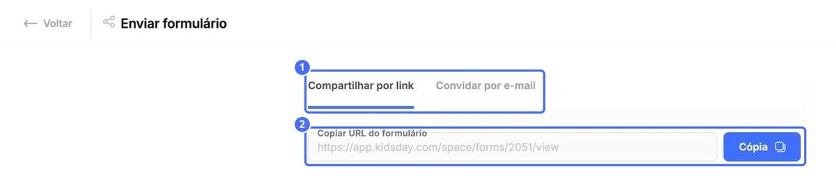 (1) As duas maneiras de enviar o formulário, (2) o link do formulário e o botão Copiar
