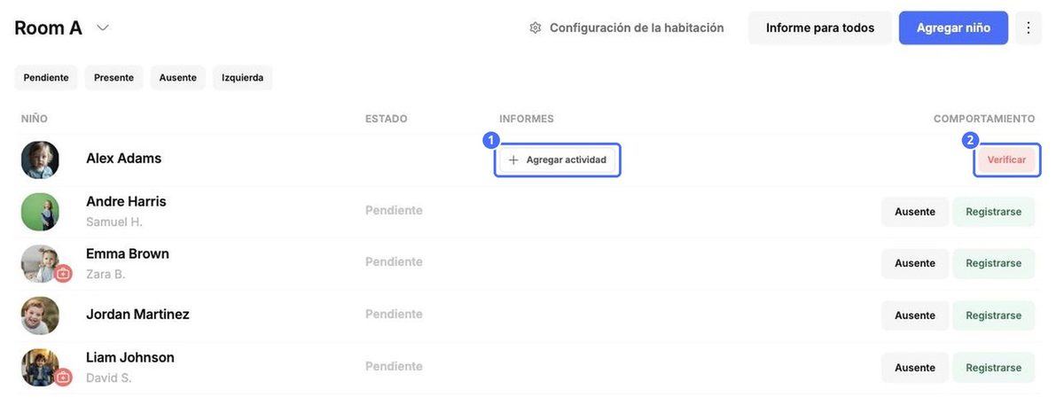 Después de registrar la entrada: (1) Agregar actividad abre el informe diario del niño, (2) Registrar salida cuando el niño se retire