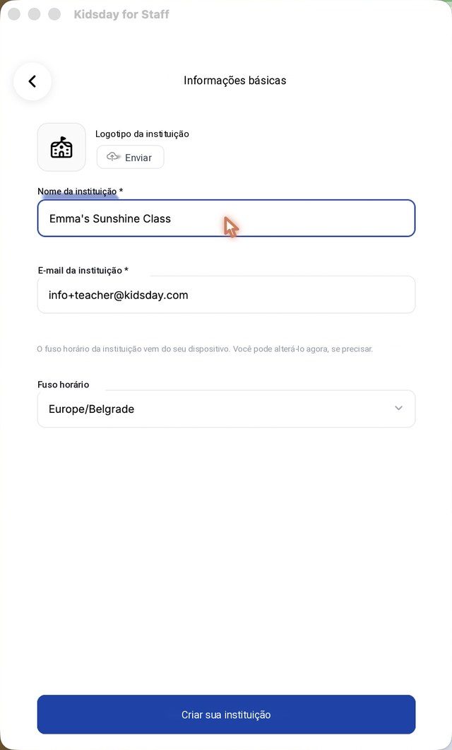 Informações básicas: logotipo, nome, e-mail e fuso horário